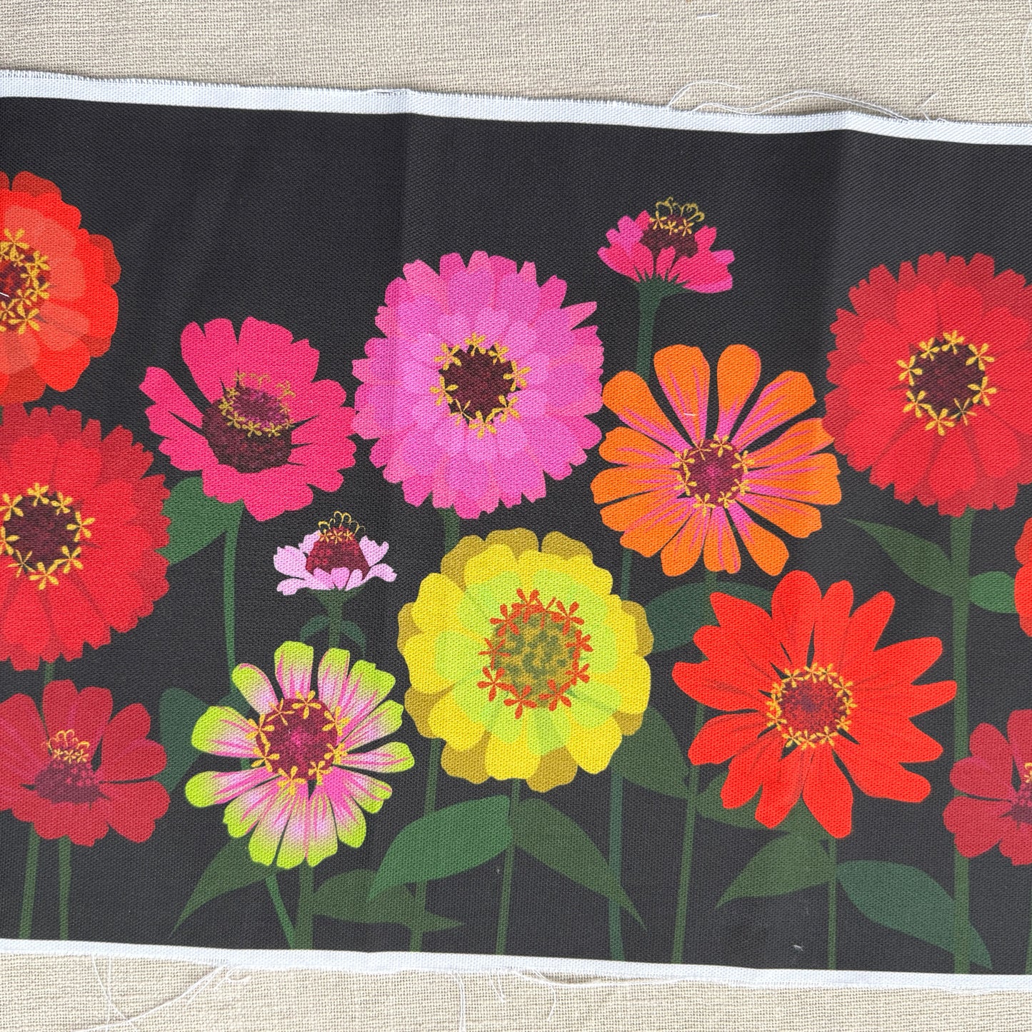 Zinnias on Black Fabric panel