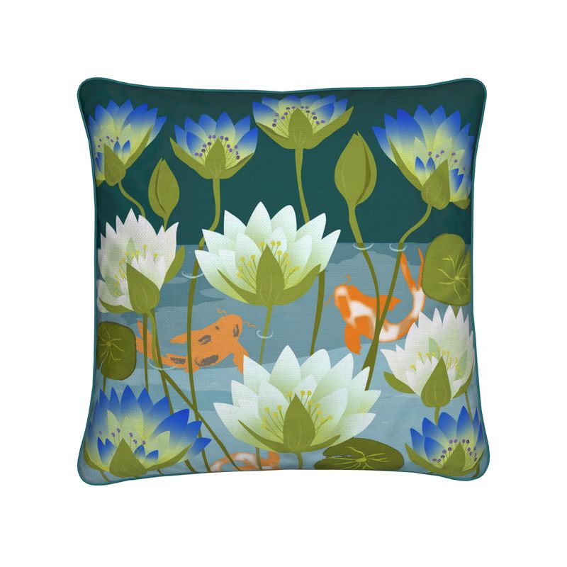 Waterlilies and Koi Teal Cushion