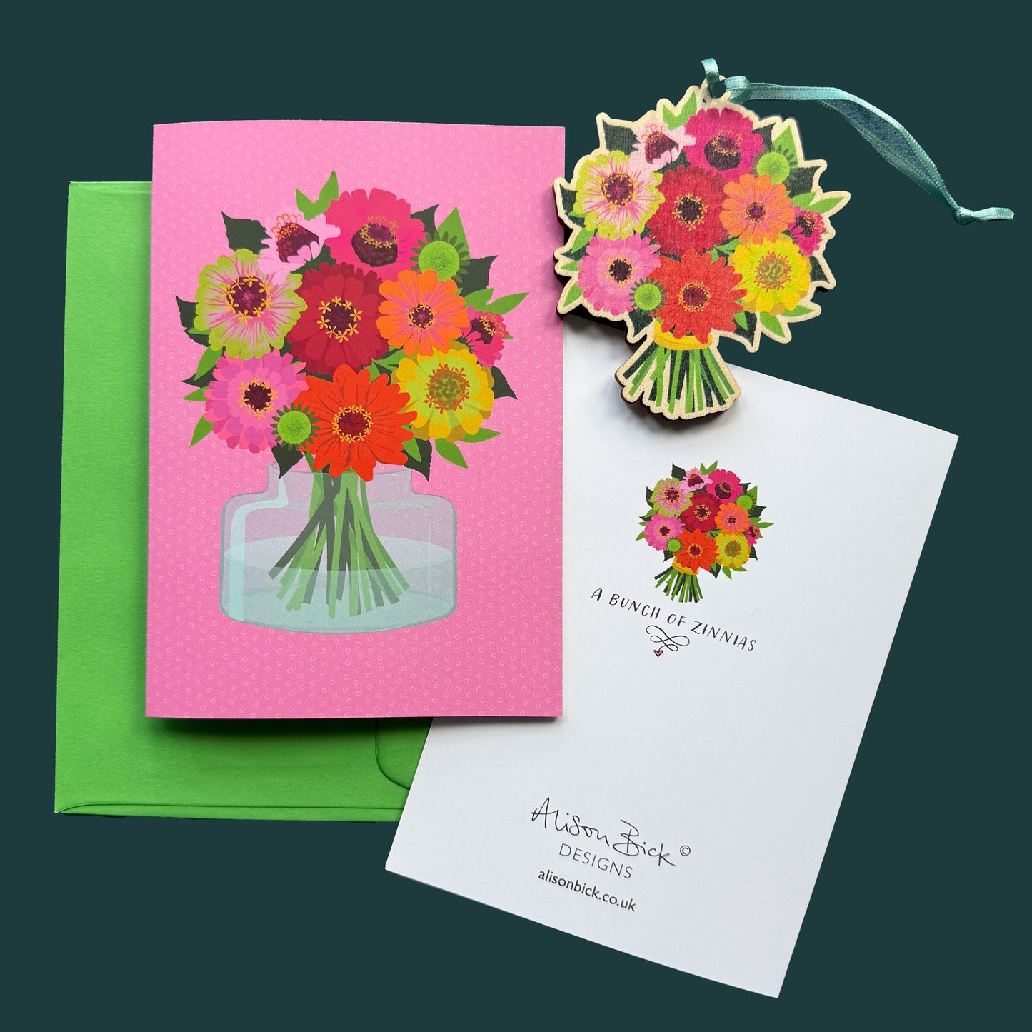 Wooden Decoration and Card Bunch of Zinnias