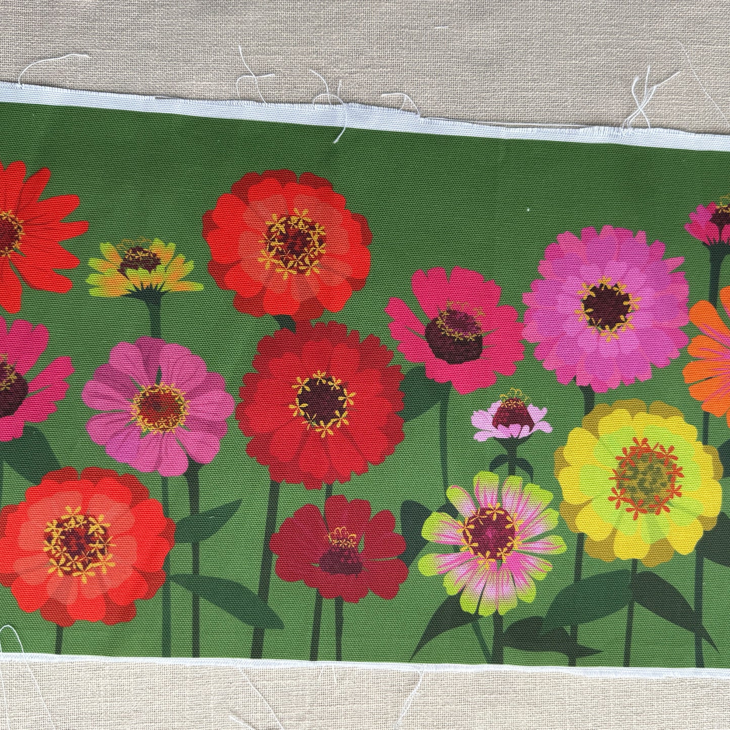 Zinnias on Green Fabric panel