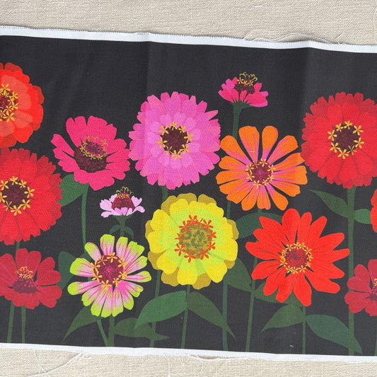 Zinnias on Black Fabric panel